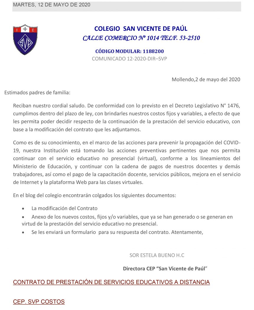 Comunicado Dir Svp C E P San Vicente De Pa L Primaria